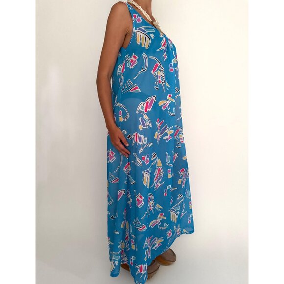 70s vintage blue abstract print sheer long maxi dress resortwear kaftan cover up - Picture 6 of 9